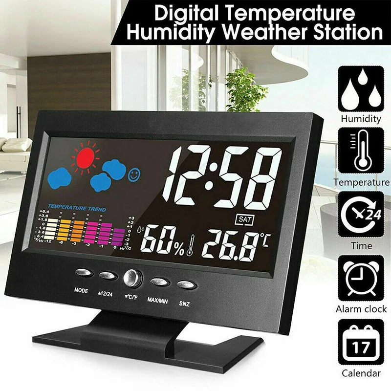 

Цифровые часы, метеостанция с дисплеем, будильник, календарь, часы, функция, термометр, беспроводной Измеритель температуры и влажности