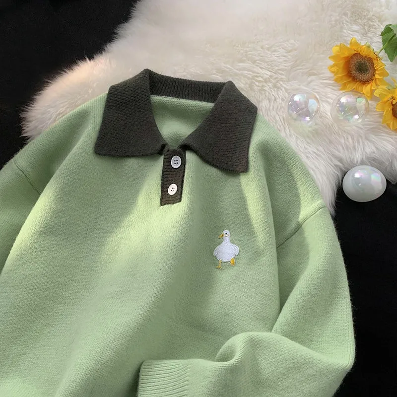 

Женский трикотажный свитер-поло EBAIHUI в японском стиле ретро с длинным рукавом