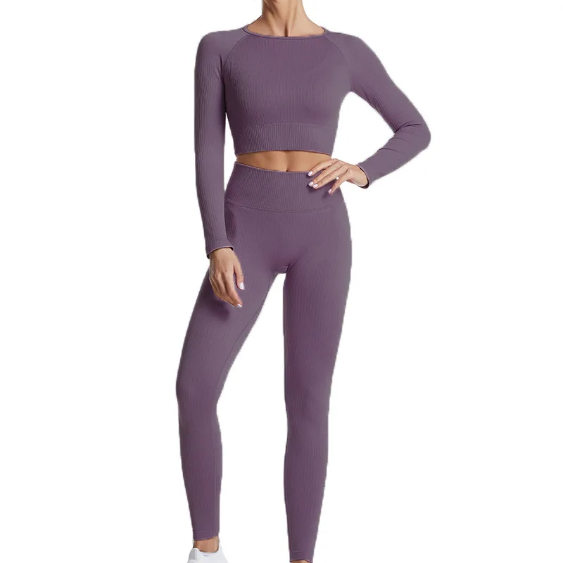 

Two-Piece Suit for Women Threaded Quick-drying Yoga Long-sleeved Crop Top Solid Color Fitness Clothing Tight-fitting Sweatpants