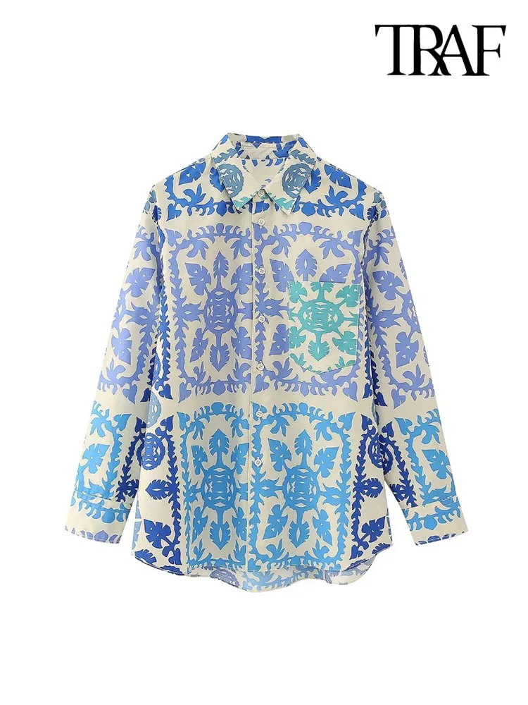 

Модная женская блузка TRAF с карманом и принтом, Женская винтажная блузка с длинным рукавом и пуговицами спереди, шикарные топы