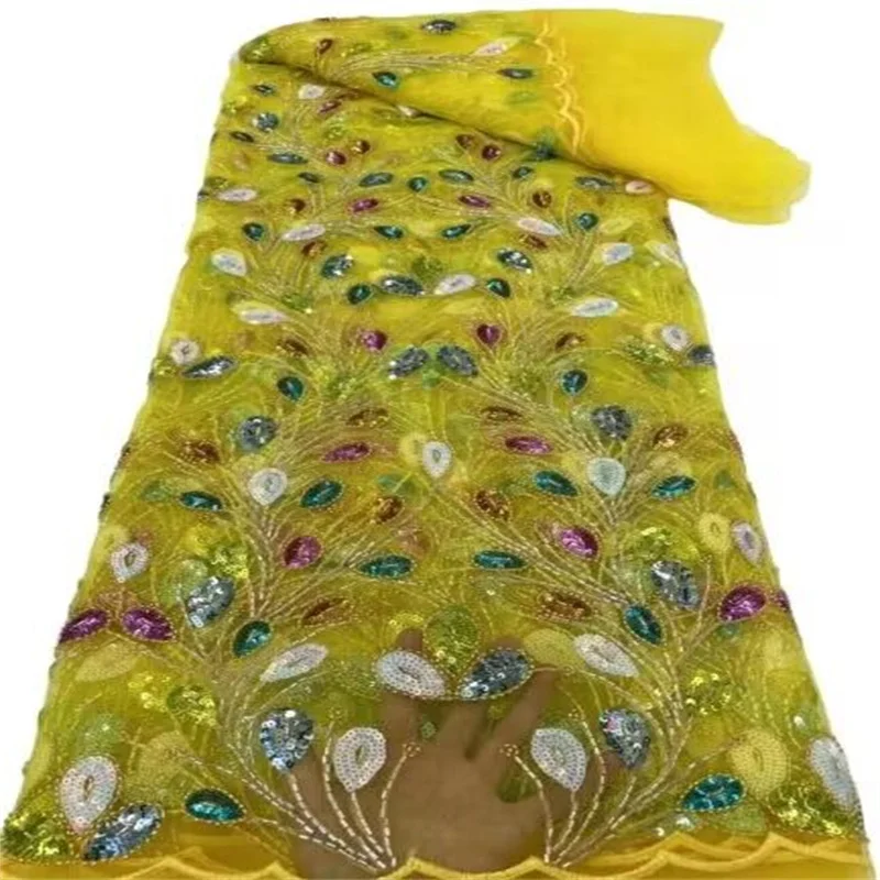 

Новейшая французская Тюль с бисером, кружевная ткань с блестками, 5 ярдов, многоцветная Высококачественная нигерийская африканская кружевная ткань для свадебной вечеринки