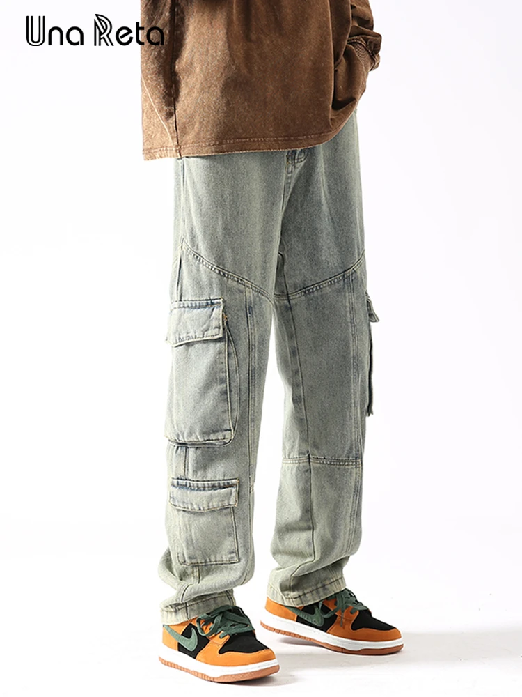 

Una Reta Hip Hop Men Jeans New Men's Clothing High Street Multi-pocket Denim Pants Harajuku Retro Trousers Jeans Man