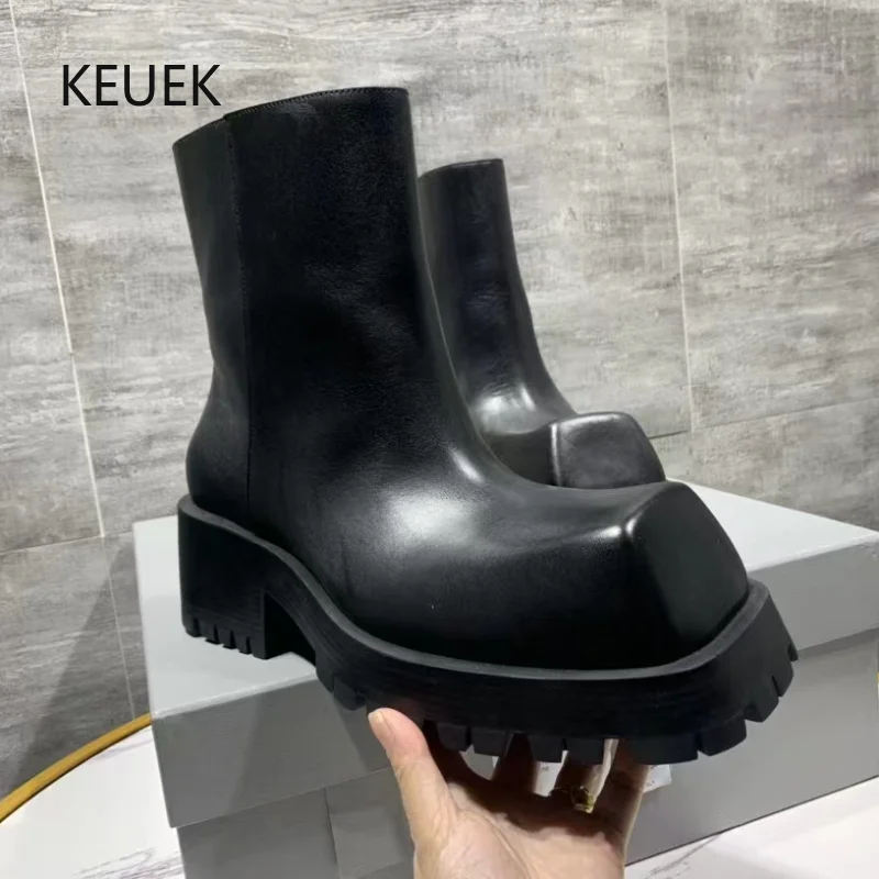 

British Style Genuine Leather Men Chelsea Boots Thick-sole Square Toe Work Boots Youth Platform Biker Boots Zapatos Botines 6C