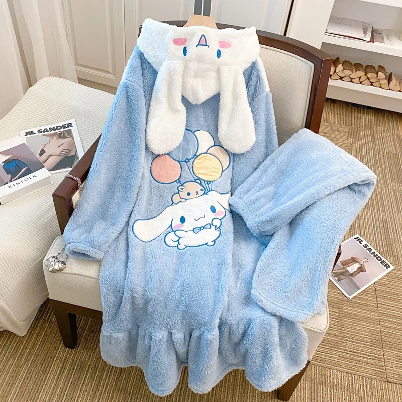 Women Winter Warm Fleece Nightgown Cute Kawaii Sleepwear Cartoon Big Eared Dog Pajamas Set Homewear Thick Flannel Nightdress Set