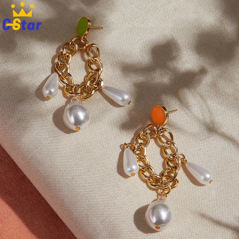 

New Metal Chain Imitation Pearls Dangle Women Earrings Vintage Geometric Drop Earrings European and American Party Jewelry Gift