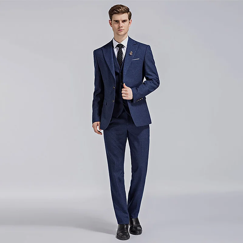 

[Jacket+Pants+Vest] Boutique Formal Blue Two Buttons Suit Peaky Blinders Cosplay Party Dresses Elegant Men Wedding Suits Groom