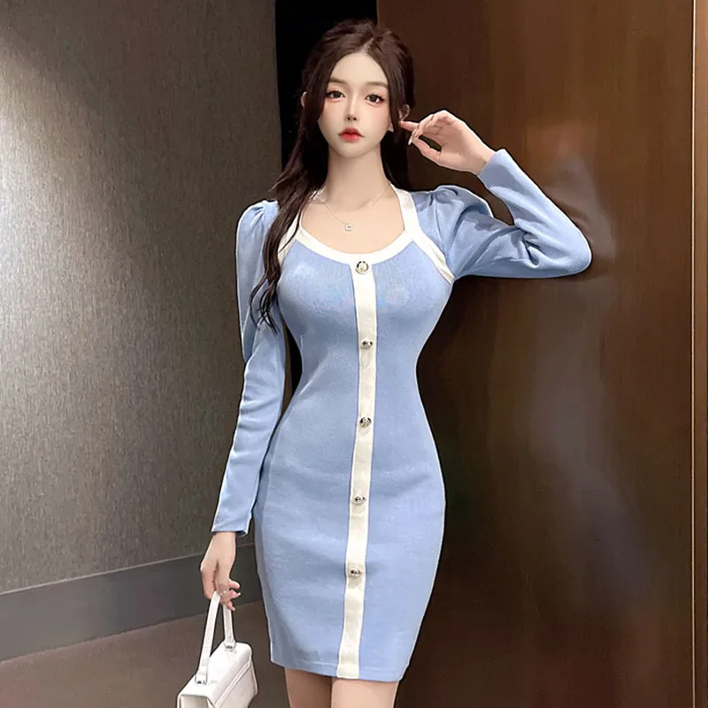 

Vintage Korean Chic French Office Lady Square-Neck Dresses for Women Party Single Breasted Knitting Woman Dress