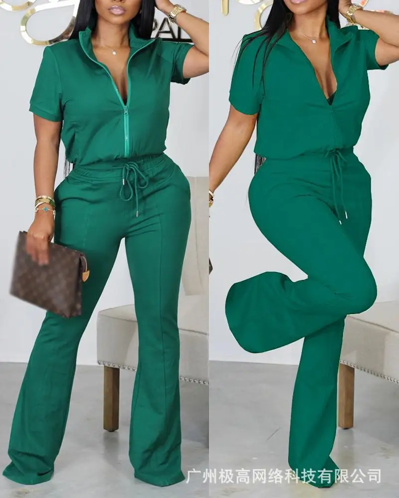 

Women 2pcs Clothes Suit Solid Color Short Sleeve Zip Up Top & Drawstring Flare Pants Set Spring Summer