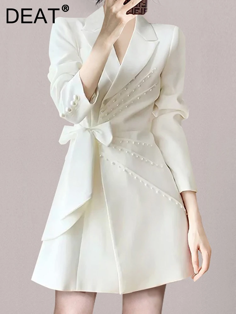 

DEAT Fashion Women's Suit Dress Notched Collar Bow Lace Up Wait Spliced Pearls Pleated White Dresses Spring 2023 New 17A7030