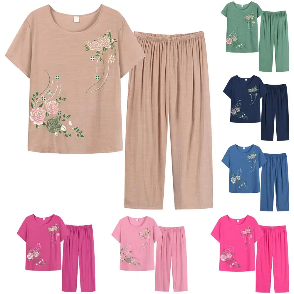 

Loose Breathable Floral Print T-shirt Pants Outfit for Leisure Time