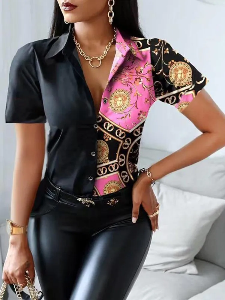 

Summer Print Elegant Blouses For Women Fashion Turn Down Collar Short Sleeve Office Lady Shirts Vintage Plus Size Casual Tops