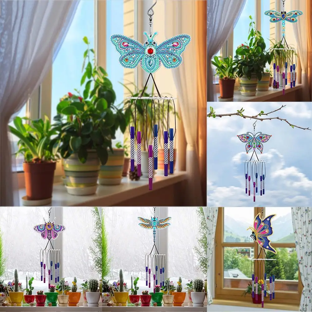 

New Double-Sided Full Wind Chimes Rotating Butterfly Dragonfly Window Decoration DIY Handmade Mosaic Art Gift