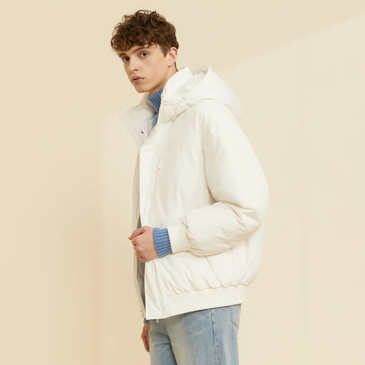 Metersbonwe Stand Collar Hooded Down Wear For Men Loose Trend 90%Gray Duck Down Back Printed Warm Wear Thick Winter Down Jacket