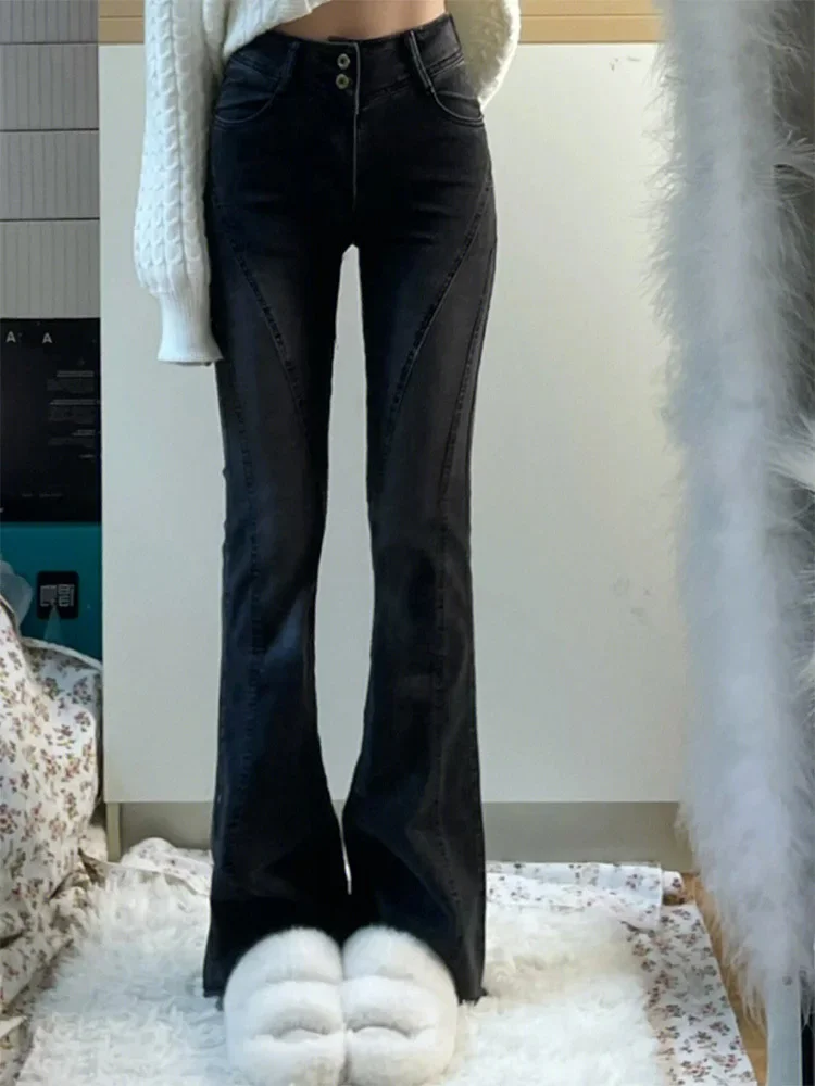 Серые расклешенные женские джинсы осенние американские стильные винтажные