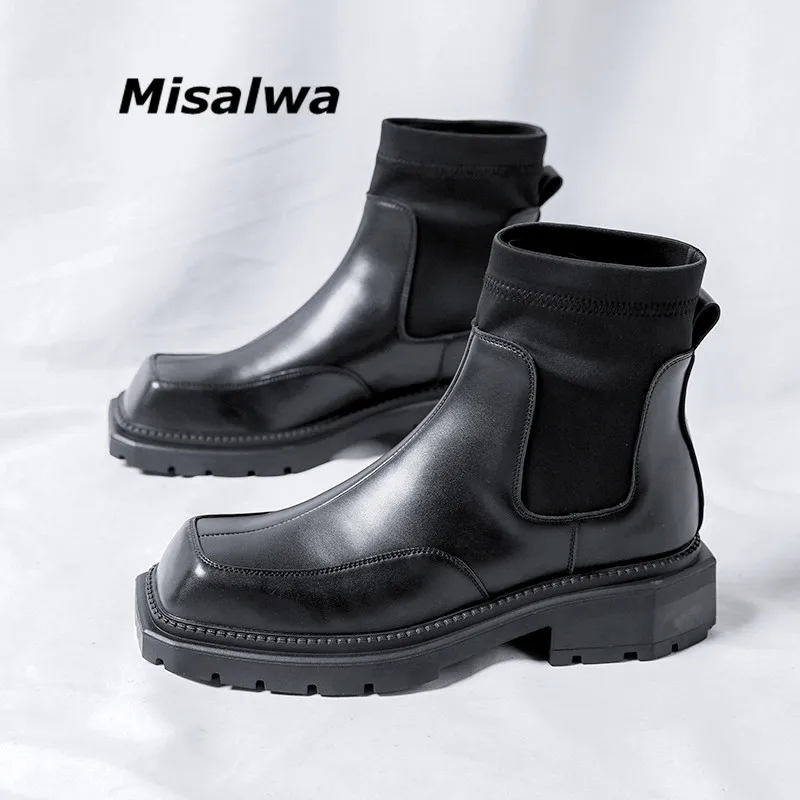

Misalwa West Slim Chelsea Boots Men High Top British Versatile Mens Chelsea Boots Thick Sole Italian Ankle Boots Square Toe