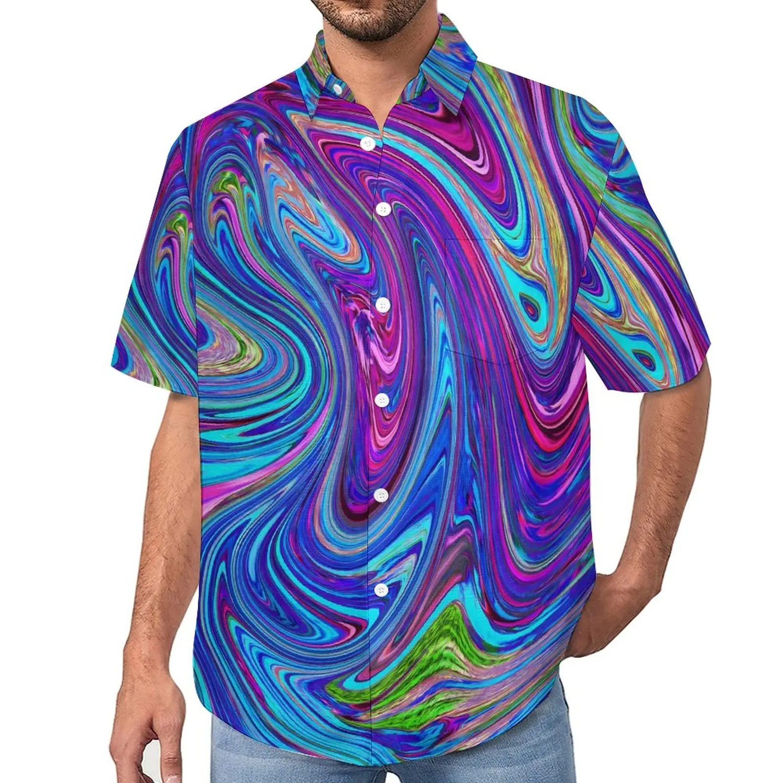 

Pink And Purple Swirls Casual Shirts Abstract Retro Art Vacation Shirt Summer Stylish Blouses Men Graphic Plus Size