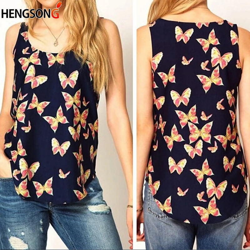 

Chiffon Women Tanks Fashion Vest Butterfly Printed Female Camis Ladies Female O-neck Cotton Tops Sleeveless Woman Tees