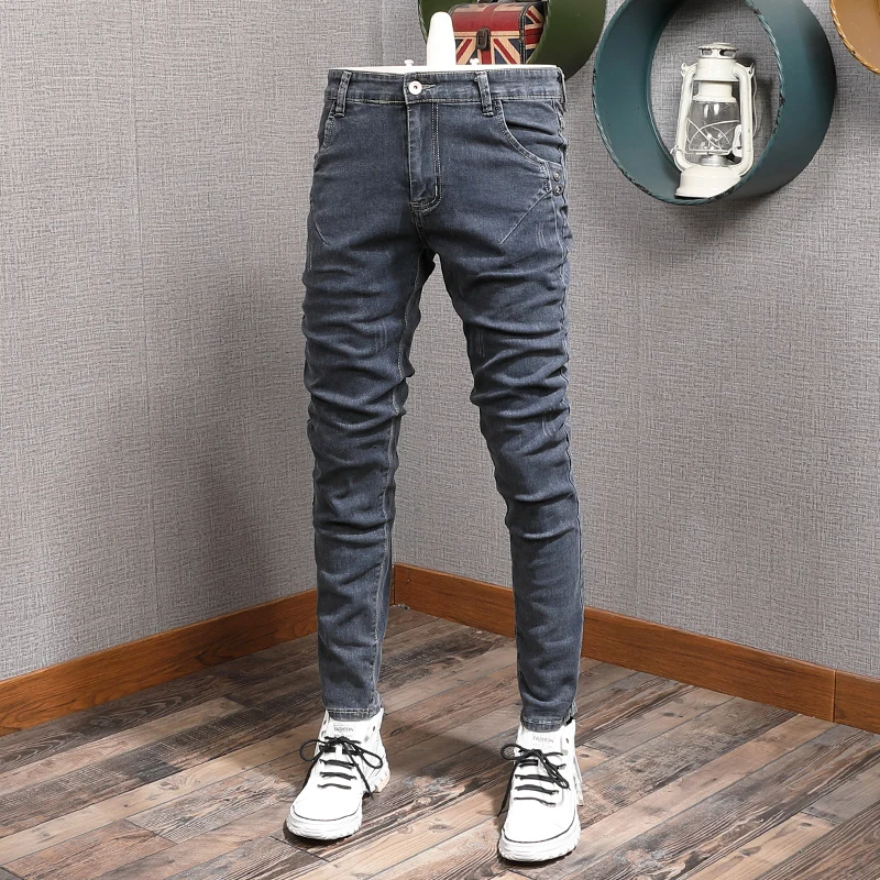 Fashion Designer Men Jeans Retro Gray Stretch Slim Ripped Elastic Trousers Vintage Casual Denim Pencil Pants Hombre