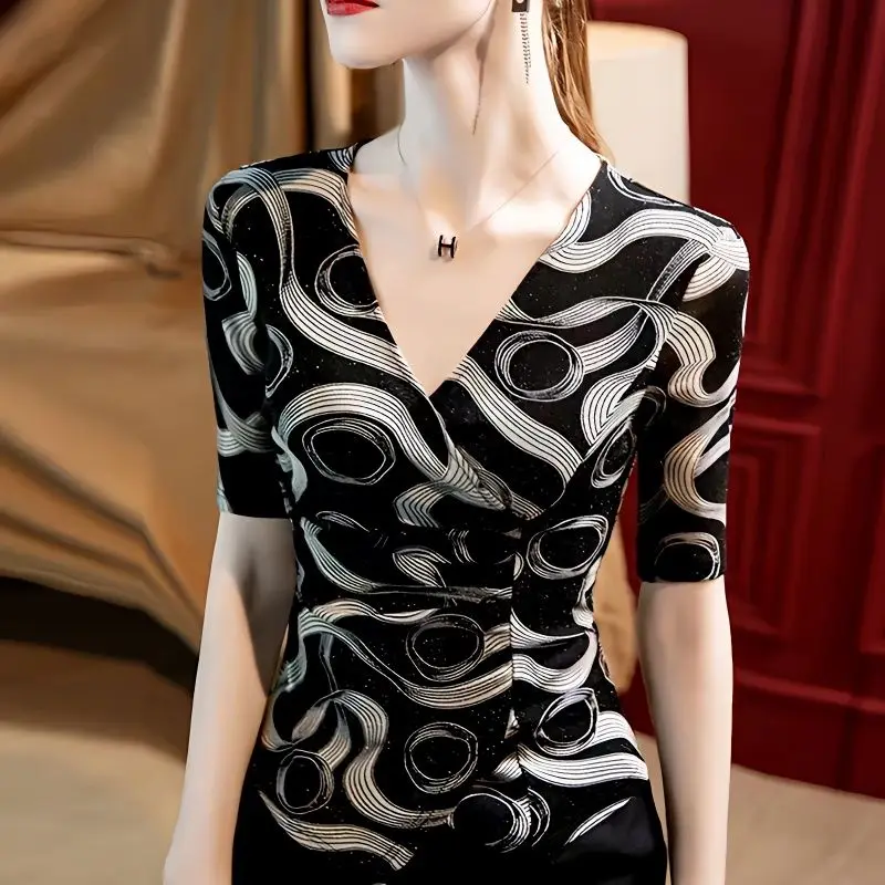 

Printed T-shirt Women 2023 New Autumn Short Sleeve Latin Dance Tops Temperament Small Shirt