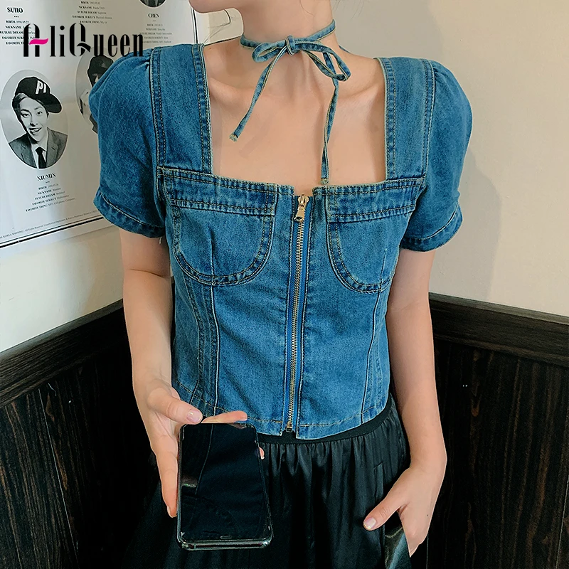 

Women Vintage Sexy Harajuku Square Neck Zipper Denim Tee Cropped Top Summer Slim Puff Sleeve Lace Up Short Blouse Streetwear