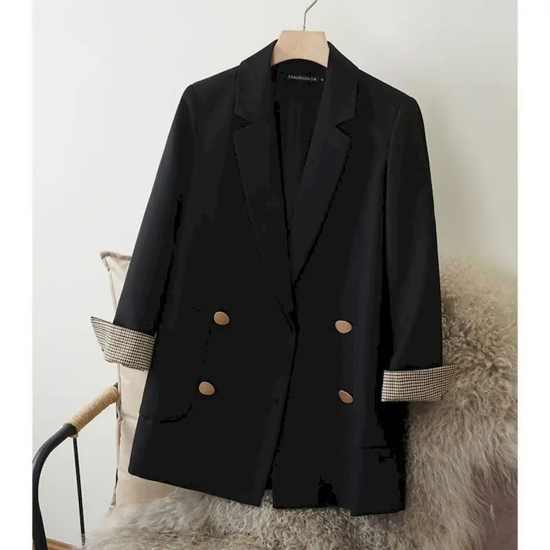

Blazer Mujer Fashion Spring Autumn Notched Double Breasted Jacket Loose Casual Women Blazers Jackets Plaid Cuffs Work Wear Coat