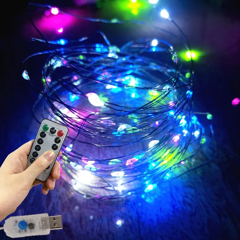 

Светодиодная гирлянда из медной проволоки, лампа для украшения сада, Рождественское украшение, 8 режимов дистанционного управления, праздничная сказочная лампа, Свадебный декор