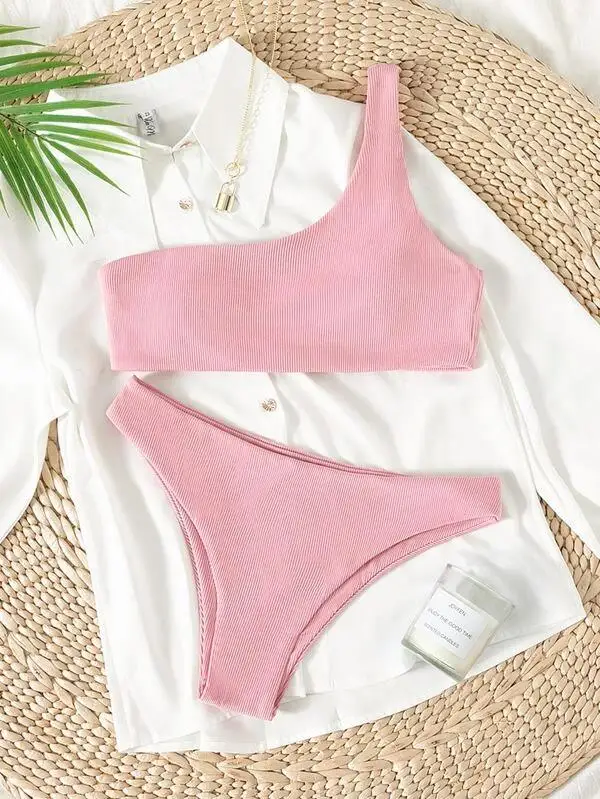 

2022 new solid color striped one-shoulder bikini two-piece suit