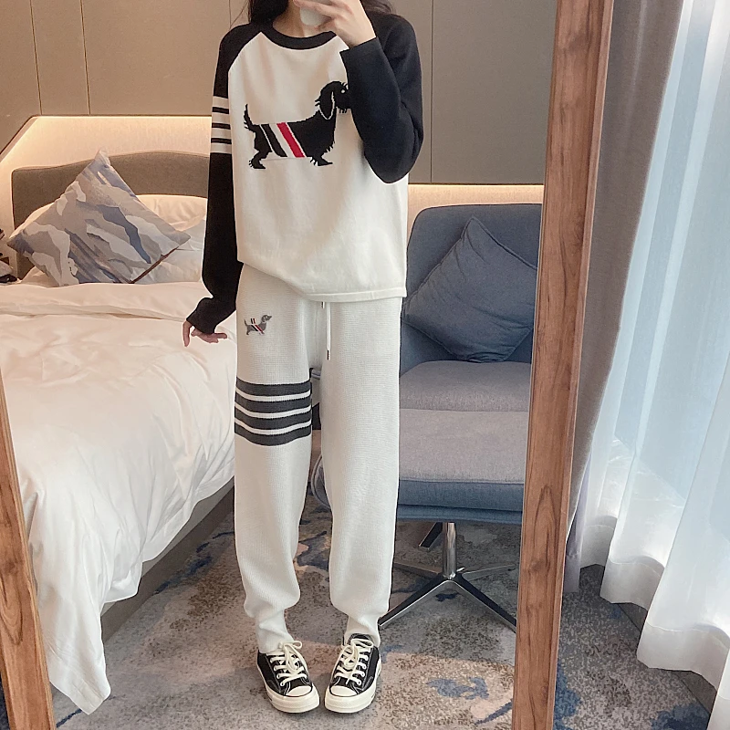 TB Waffle Dog Embroidery Leggings Knitted Pants Women's Loose Slim Casual Four Bar Sports Woolen Pants