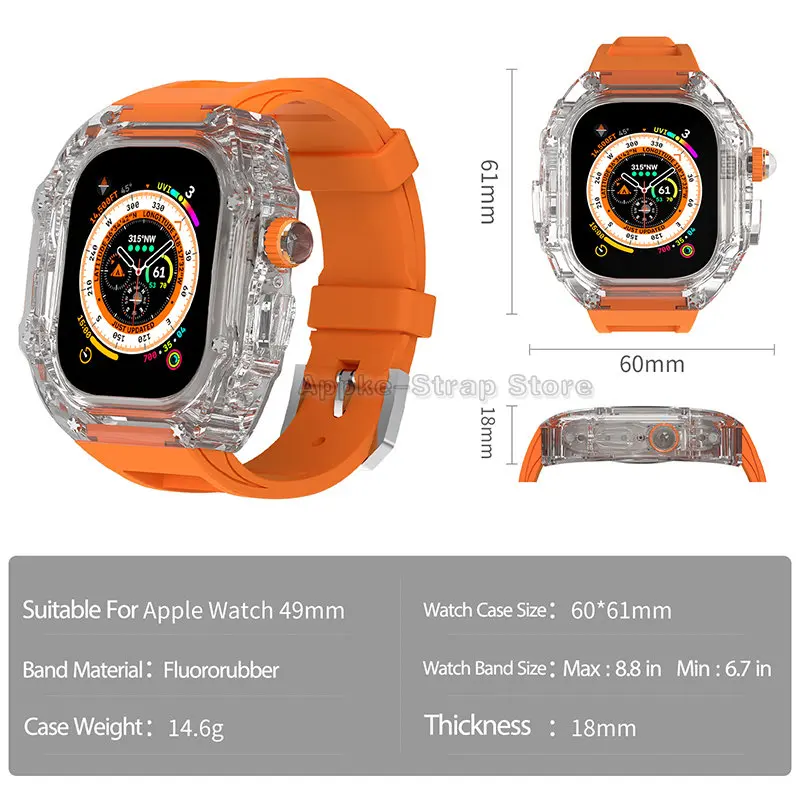 Luxury Transparent Case for Apple Watch Ultra 49mm Mod Kit Fluororubber Sport Strap for iwatch Series 8 7 6 5 4 SE 44mm 45mm