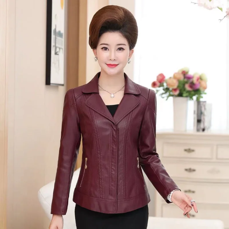 2023 Middle-aged Leather Jacket for Women Soft PU Faux Leather Coat Female Autumn Winter Elegant Outerwear Leather Oversized