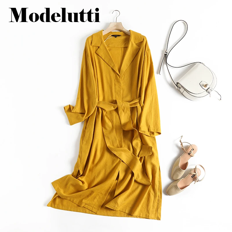 

Modelutti 2023 New Spring Summer Fashion Long Sleeve Linen Shirt Dresses Women Belt Slim Solid Simple Casual Midi Dresses Female