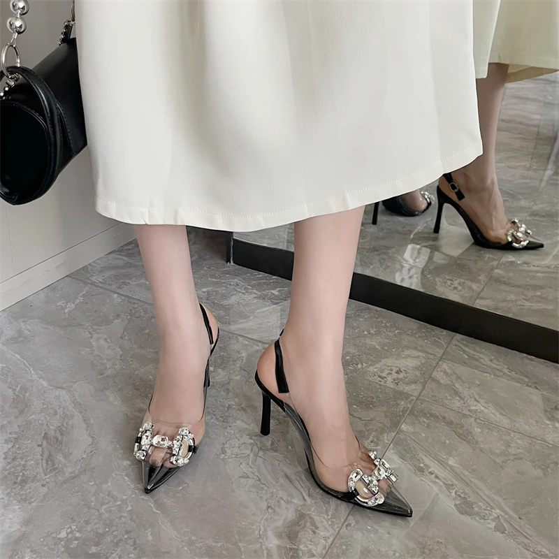 

New Brand women Pumps Luxury Crystal Slingback High heels Summer Bride Shoes Comfortable triangle Heeled Party Wedding Shoes