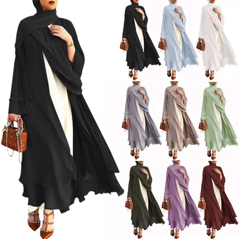 

Chiffon Abaya Women Dress Sash Hijab Robe Femme Musulmane Dresses Kaftan Muslim Islamic Clothing Vestido 2 Layer Abayat Ramadan