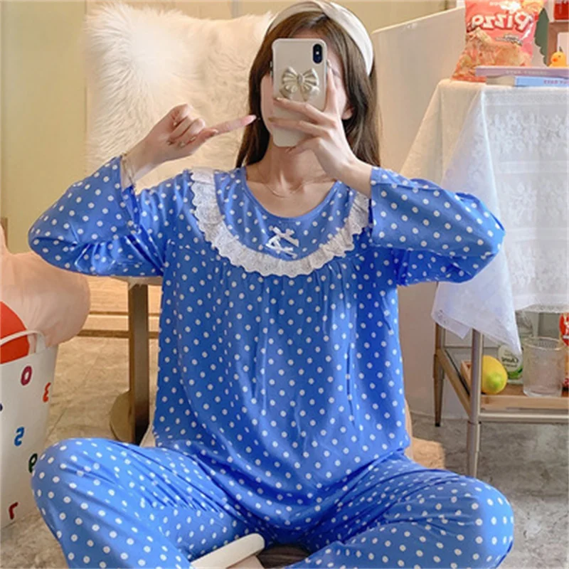 Princess Pajamas Set Sexy Sleepwear For Women Pink Elastic Pyjama Women's Cotton Fashion Dot Homewear Clothes Big Size