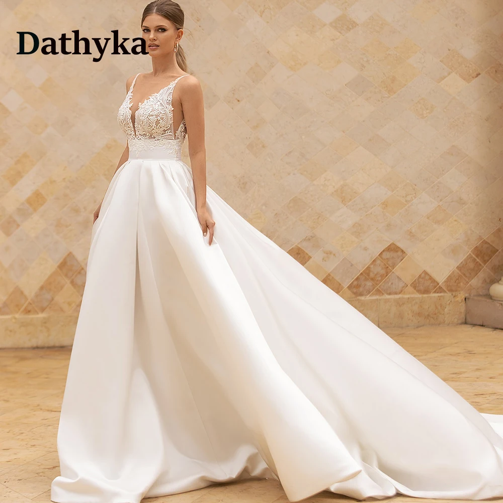 

Женское атласное свадебное платье-трапеция Dathyka, элегантное кружевное свадебное платье без рукавов с аппликацией для невесты, индивидуальный пошив