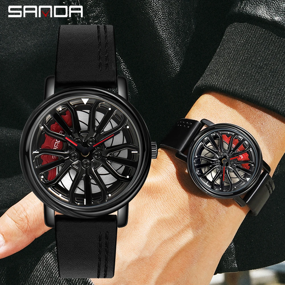 

Hot Sell Fashion Men Quartz WristWatch Creative 360 Degree Rotating Car Wheel Quartz Watch Leather Waterproof Rim Hub Clock Men