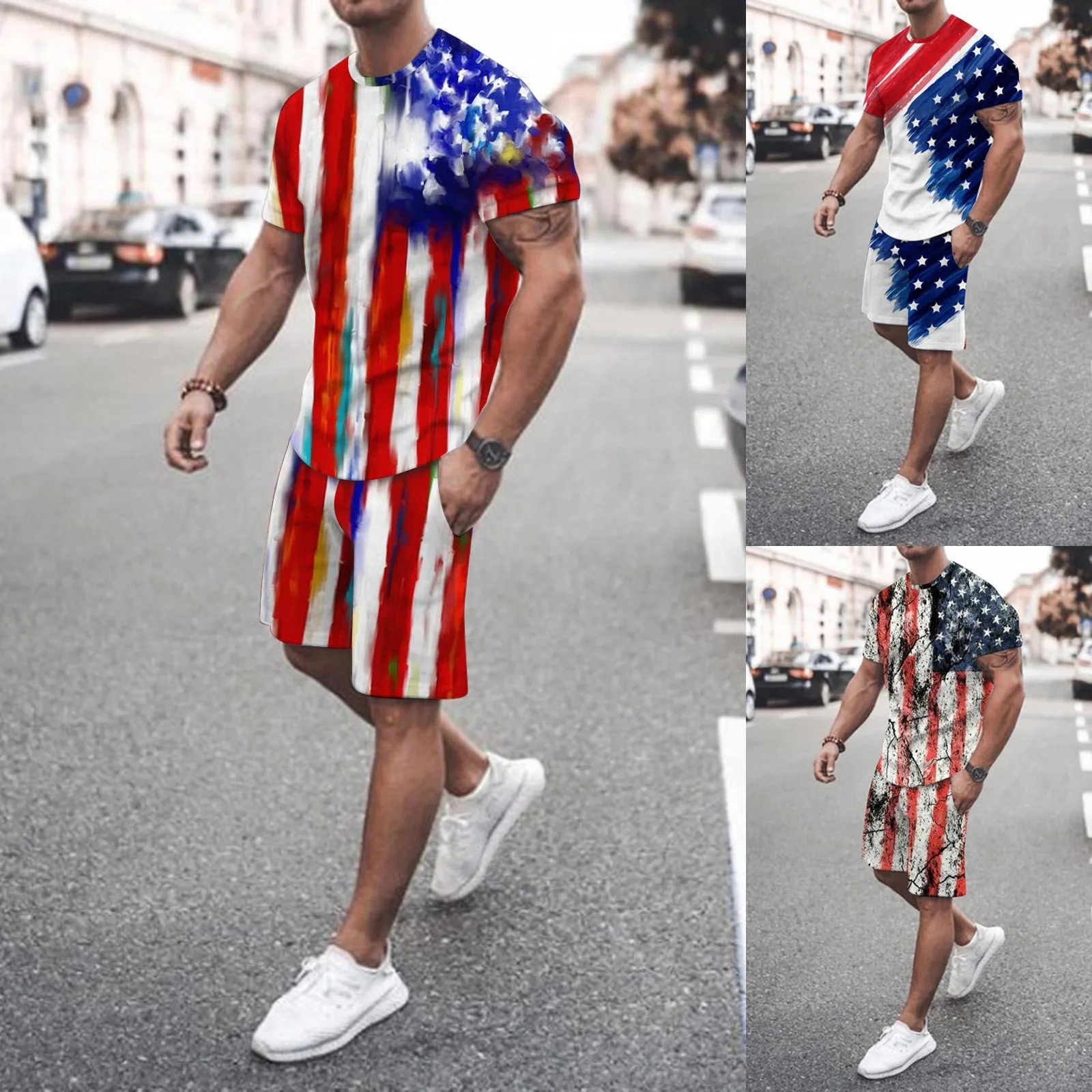 

Men's Independence Day Flag Spring Summer Leisure Sports Comfortable Breathable Sweat Notched Collar Slim Fit Suites Men