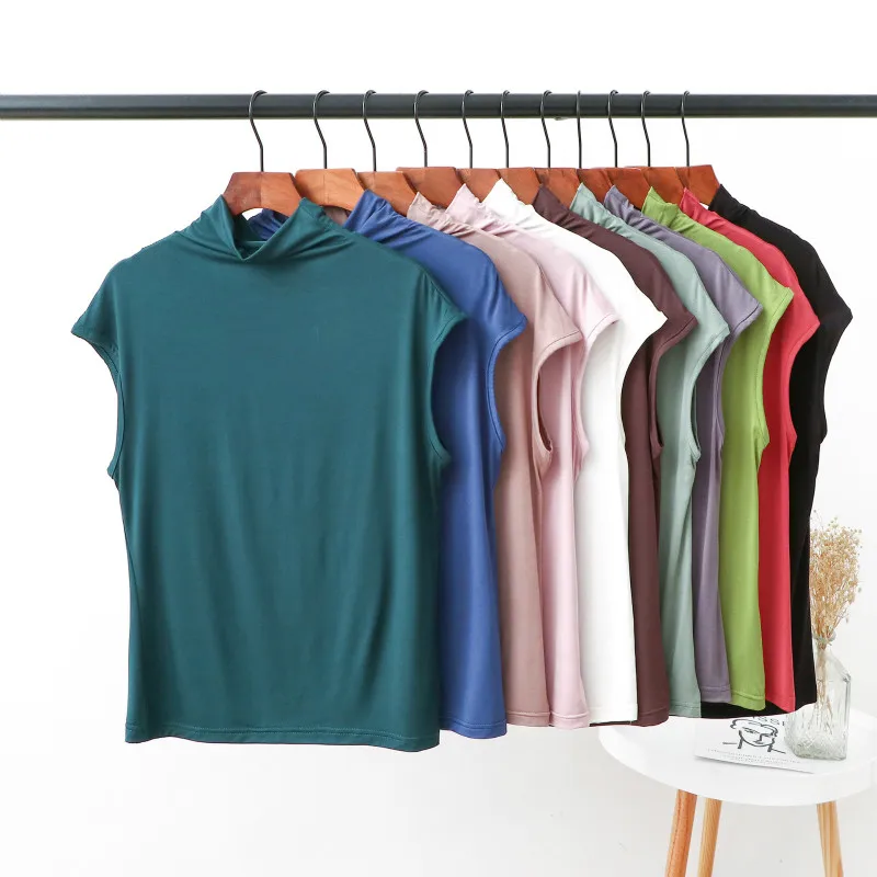 Женская рубашка с высоким воротником однотонная Универсальная футболка без