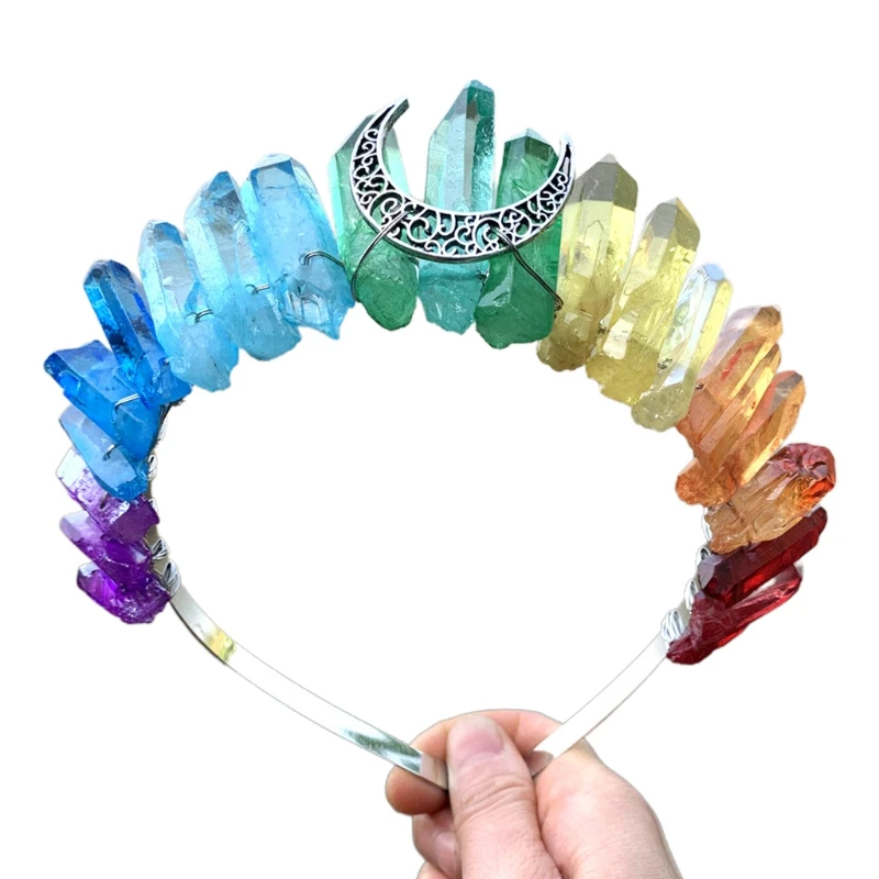 

Multicolor Rainbow Raw Crystal Quartz Crown Headband with Metal Hollow Out Antique Moon Tiara Hair Accessories Witch Holiday