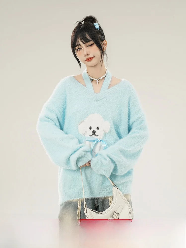 Korean Sle Puppy Jacquard Hanging Neck V-neck Sweater Women's 2024 New Loose Sweet Soft Glutinous Knit Top