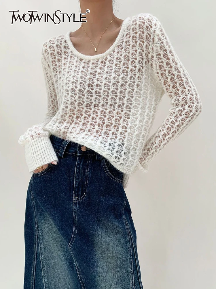 

TWOTWINSTYLE Solid Hollow Out Sweaters For Women Round Neck Long Sleeve Loose Casual Temperament Sweater Female Fashion Clothing