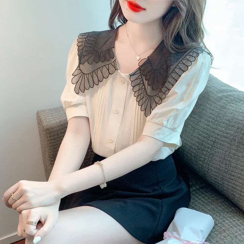 

COIGARSAM Shirt Womens Tops Summer 2022 New Fashion French Style Short Sleeve Chiffon Peter Pan Collar Women Shirts Dropshipping