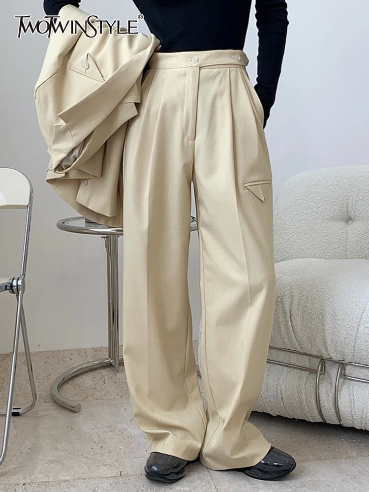 

TWOTWINSTYLE Casual Solid Wide Leg Pants For Women High Waist Loose Long Minimalist Trousers Female Spring Clothing Style 2022