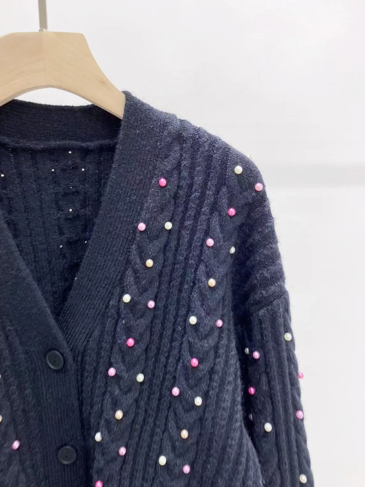 Women's Loose Single-breasted Sweater Cardigan Casual Colored Beads Office Ladies Clothes French Brand Fall Winter Knit Sweaters