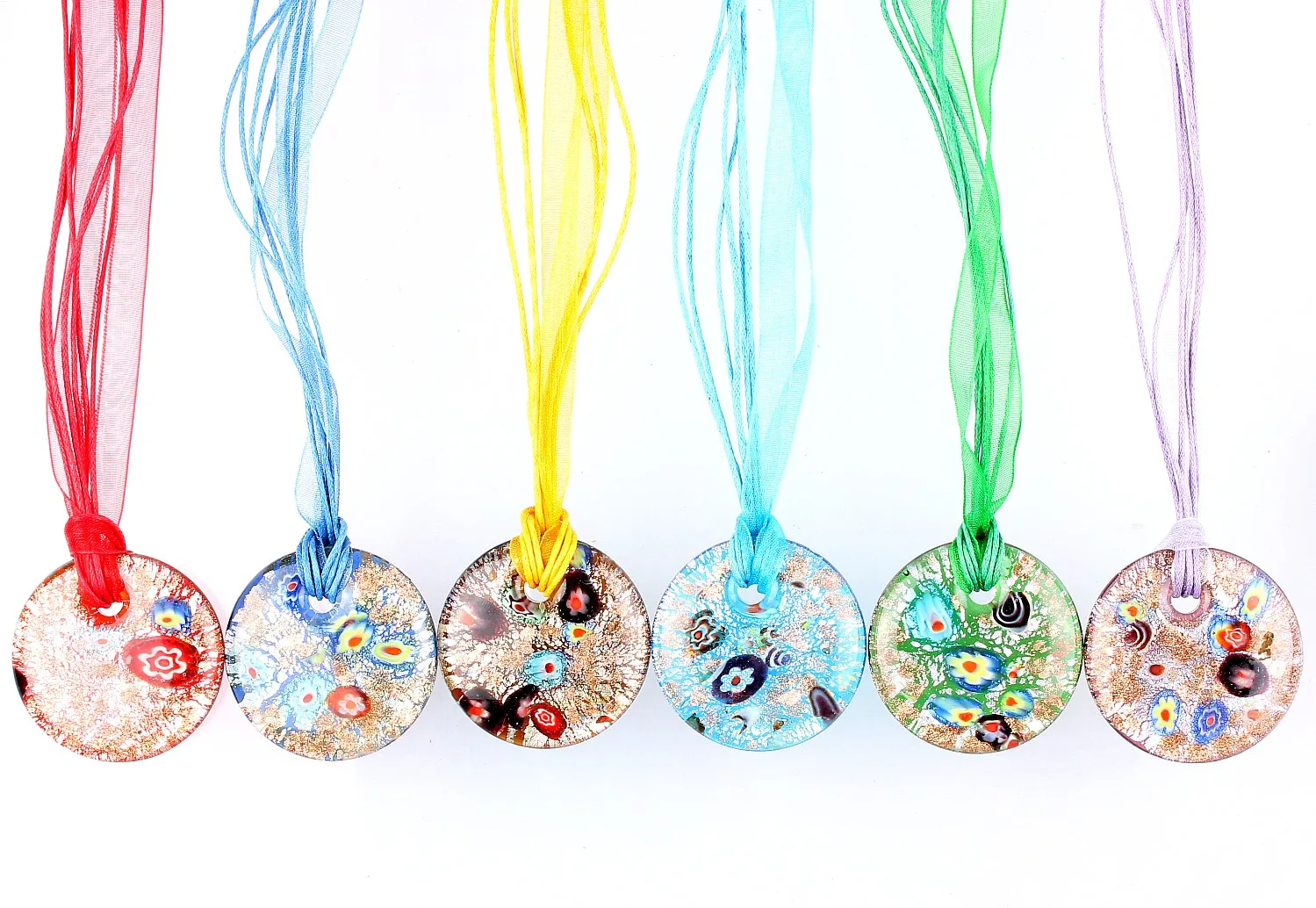 

Hot Wholesale 6Pcs Handmade Murano Lampwork Glass Mixed Colorful Gold Sand Round Millefiori Pendants Charms Necklaces