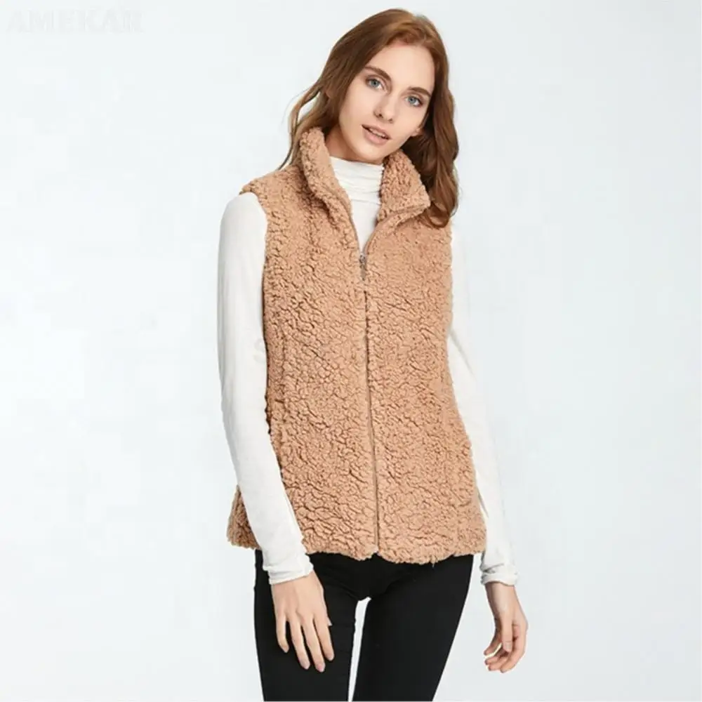 Women Fleece Real Fur Vest Coat Sleeveless Pocket Casual Fashion Short Waistcoat Pure Color Zipper Winter Warmth Fur Jackets