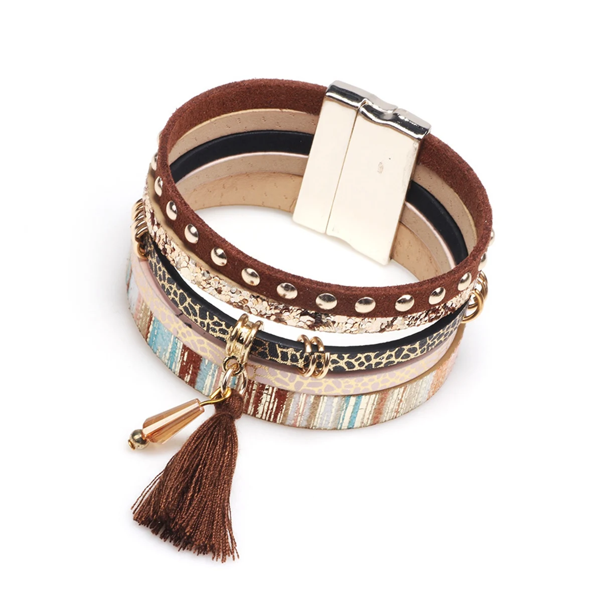 

Bohemia Women Leather Wrap Cuff Bracelet Natural Stone Druzy Multi Rope Tenns Bangle Magnetic Clasp Handmade Jewelry Girl