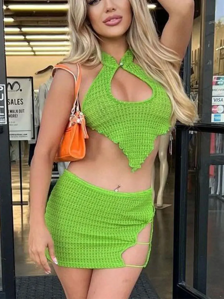 

Женский пляжный комплект из топа и юбки, привлекательный облегающий топ с вырезом-лодочкой и юбка-трапеция, комплект из 2 предметов, лето 2023