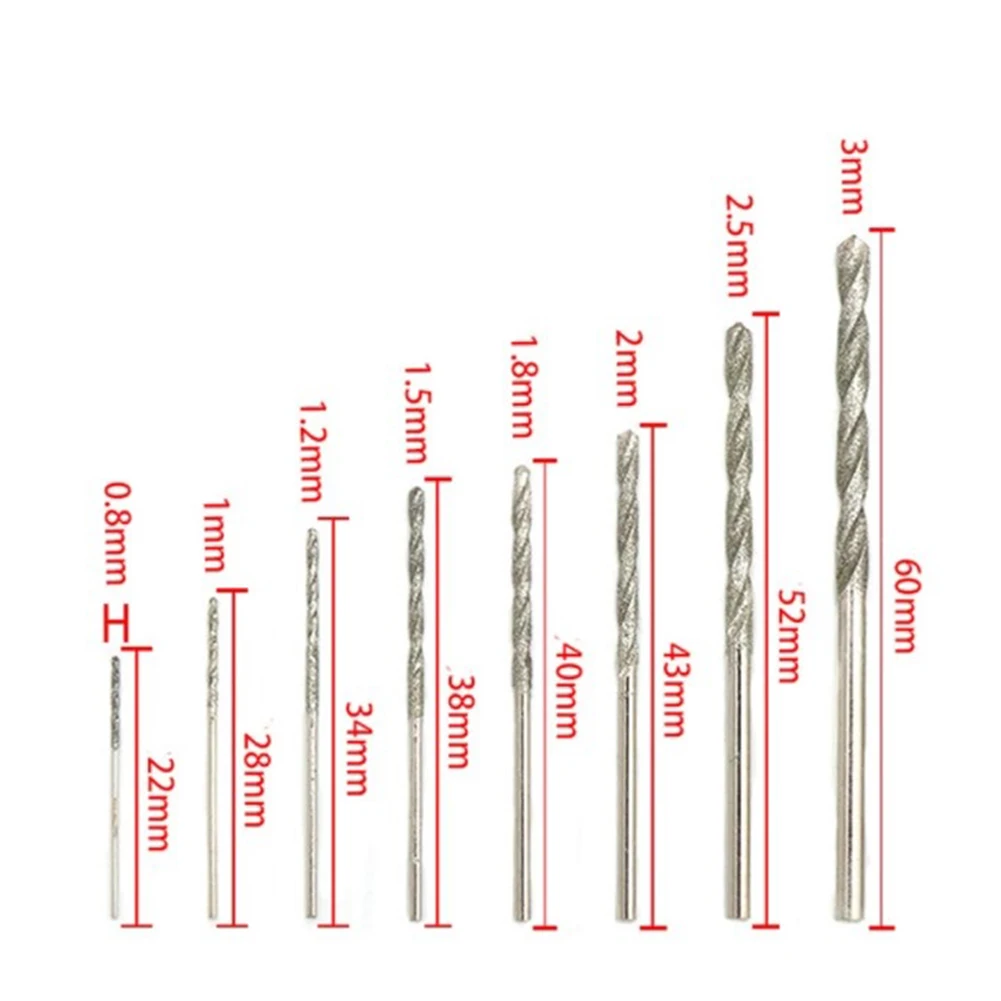 

8pcs 0.8/1/1.2/1.5/1.8/2/2.5/3mm Diamond Coated Drill Bits Set For Drilling Jewelry Ceramics Glass Power Tool Parts