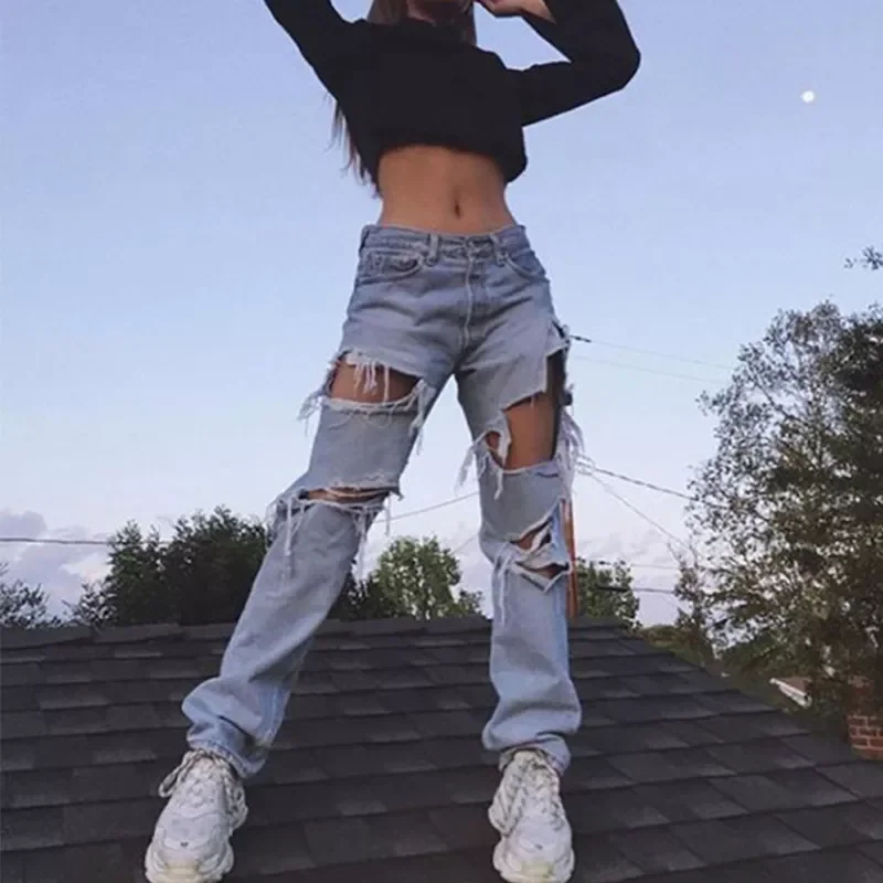 

2022New Fashion Sexy Jeans Casual Pants Big Holes Long Trousers Women Jeans Ripped Frayed Loose Denim Pants Women Clothing